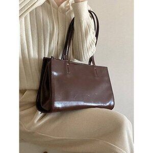 Brown Faux Leather Tote Bag With Double Handles & Front Pocket
